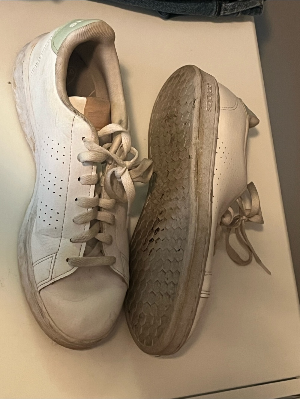 Adidas White Low-Top Leather Sneakers with Mint Heel Accent